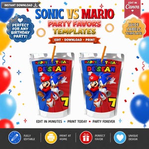 Peut inclure: Un modèle numérique pour étiquettes de gourdes de jus avec les personnages Sonic et Mario, le texte 'SONIC VS MARIO PARTY FAVORS TEMPLATES', 'HAPPY BIRTHDAY DE'SEAN' et le chiffre 7. Le design inclut des ballons et des confettis.