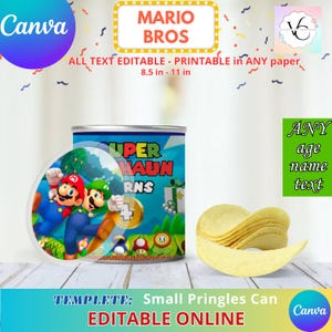 Può includere: Modello stampabile per una piccola lattina di Pringles con i personaggi di Mario e Luigi del videogioco Super Mario Bros. Il modello misura 8,5 pollici per 11 pollici e include il testo "Super Haun RNS".