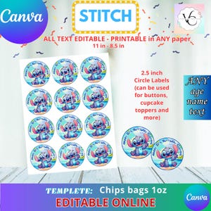 Party Labels - Stitch - Stickers 2.5 Template, capri sun EDIT Yourself in CANVA. Party Kit. Online template.