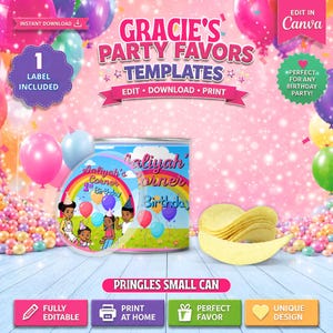 Puede incluir: Una plantilla digital para etiquetas de latas pequeñas de Pringles con un arcoíris colorido, globos y niños de dibujos animados. El texto dice Gracie's Party Favors Templates, Aaliyah's Corner 1st Birthday y Pringles Small Can. Incluye gráficos editables.