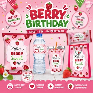 May include: A digital party supply set featuring a strawberry theme with pink gingham patterns. Items include a chip bag, water bottle label, juice pouch, and gift bag, all labeled with Kylin's Berry Sweet one. Includes text Berry Birthday.