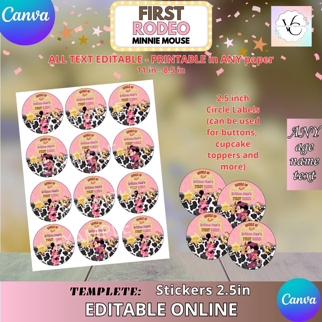 Sticker Chart For Kids Rodeo First Rodeo Minnie Mouse Birthday - Stickers 2.5in Template, EDIT ...