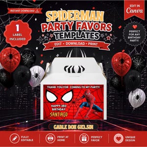 Spiderman - Mall för gavellåda, Redigera dig själv i CANVA. Festkit. Direkt nedladdning