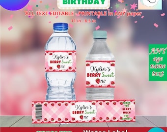 Berry Birthday - Water Bottle Labels Template, EDIT Yourself in CANVA. Party Kit. Online template.