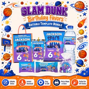 May include: A Slam Dunk birthday favor editable template bundle featuring a gift bag, juice pouch, chip bag, water bottle label, and candy wrappers. The designs include basketball graphics, space elements, and the text Jackson turns 6.