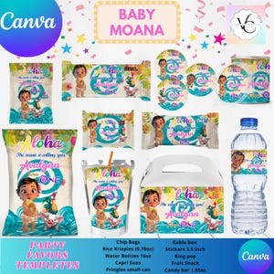 以下が含まれることがあります： ディズニーキャラクターのモアナをフィーチャーした、印刷可能なパーティーのお土産テンプレートのセット。テンプレートには、チップス袋、ライス・クリスピーボックス、ウォーターボトル、ジュースボックス、ゲーブルボックス、ステッカー、リングポップが含まれています。テンプレートは、青とピンクの海のテーマで飾られており、「アロハ、海が呼んでいる！アバリン1歳」というテキストが書かれています。