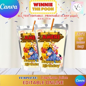 May include: Printable Winnie the Pooh juice box labels featuring Winnie the Pooh and his friends. The labels are yellow with honeycombs and say "Happy 1st Birthday" and "AME AMERI". The labels are 8.5 inches by 11 inches.