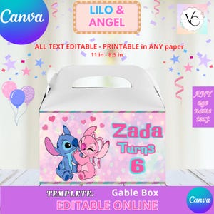 Lilo i Anioł - szablon pudełka szczytowego, edytuj samodzielnie w serwisie CANVA. Zestaw imprezowy do natychmiastowego pobrania