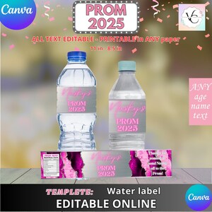 Prom 2025 - Water Bottle Labels Template, EDIT Yourself in CANVA. Party Kit. Online template.