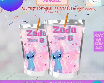 Stitch and Angel Juice Labels Template, capri sun EDIT Yourself in CANVA. Party Kit. Online template.