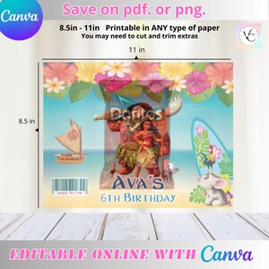 May include: Printable 8.5 x 11 inch Moana themed birthday party backdrop featuring Moana and Maui characters, a surfboard, a boat, and a rooster. The backdrop also includes the text "AVA'S 6TH BIRTHDAY".