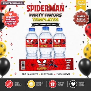 Puede incluir: Tres botellas de agua de plástico transparente con etiquetas rojas de patrón de telaraña, un gráfico de Spider-Man y el texto 'HAPPY 3RD BIRTHDAY SANTIAGO'. Debajo, una tira de etiqueta plana muestra el mismo diseño con código de barras y 'THANK YOU'.