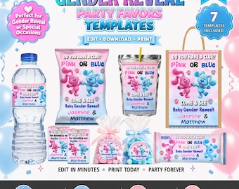 May include: A digital template set for gender reveal party favors featuring Blue's Clues characters. Includes designs for water bottle labels, chip bags, juice pouches, favor bags, tags, and candy wrappers with pink and blue text and graphics.