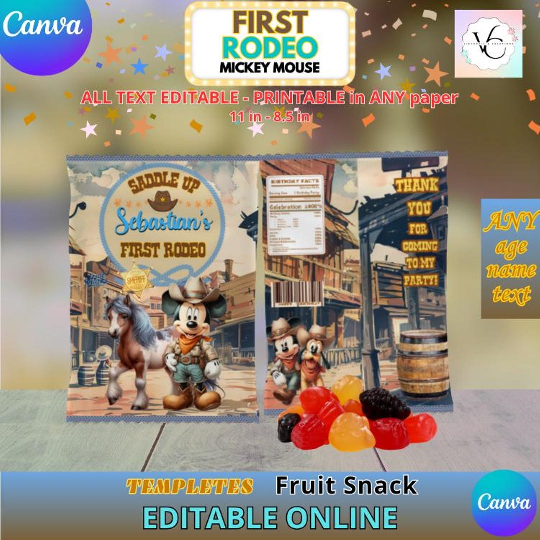 First Rodeo Mickey Mouse Birthday - Fruit Snack Template, EDIT Yourself ...