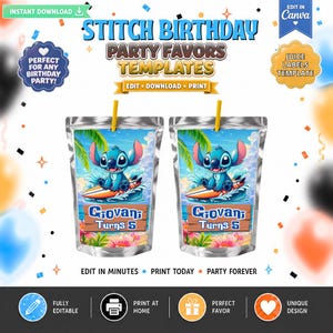 Etiquetas para Festa - Stitch - Modelo de Etiquetas para Sucos, Capri Sun. Edite você mesmo no Canva. Kit para Festa. Modelo online.
