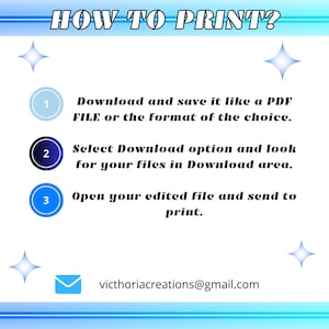 Pu&ograve; includere: Una grafica bianca con istruzioni su come stampare un file. Il testo recita "COME STAMPARE?" seguito da passaggi numerati: scarica e salva, seleziona download e apri per stampare. L'immagine include un'icona a forma di busta blu e un indirizzo email.