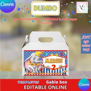Puede incluir: Caja gable blanca con temática de Dumbo. La caja tiene un asa y un panel frontal con un elefante de dibujos animados, el nombre "Marcus" y el número "2". La caja mide 27,9 cm por 21,6 cm.