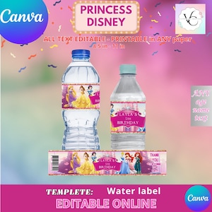 Princess Water Bottle Labels Template, EDIT Yourself in CANVA. Party Kit. Online template.