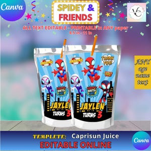 May include: Two clear juice pouches with Spiderman and friends graphics. The pouches feature the text "Amazing!" and "Happy Birthday!" with the name "Jaylen" and the number "3". The design is editable and printable on 8.5 x 11 inch paper.
