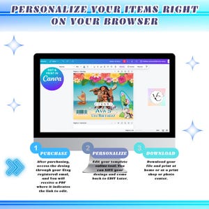May include: A computer screen showing a digital design template for a birthday party. The template features a cartoon image of Moana and Maui from the Disney movie Moana. The text "AVA'S 6TH BIRTHDAY" is on the template. The screen shows instructions for purchasing, personalizing, and downloading the template.