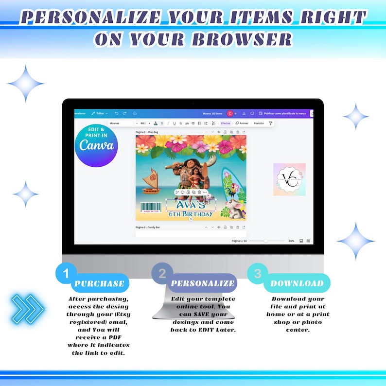 May include: A computer screen showing a digital design template for a birthday party. The template features a cartoon image of Moana and Maui from the Disney movie Moana. The text "AVA'S 6TH BIRTHDAY" is on the template. The screen shows instructions for purchasing, personalizing, and downloading the template.