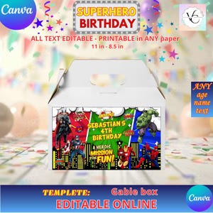 May include: White gable box with a superhero theme. The box features illustrations of Thor, Captain America, Hulk, Iron Man, and Spider-Man. Text includes "Superhero Birthday", "Sebastian's 4th Birthday", and "A Heroic Mission for Fun!" The box measures 11 x 8.5 inches.