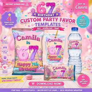 May include: A digital party favor template set featuring a chip bag, juice pouch, water bottle label, and rice krispies wrapper. The designs are pink and purple with the text Camila is 67 Happy 7th Birthday, candy graphics, and sprinkles.
