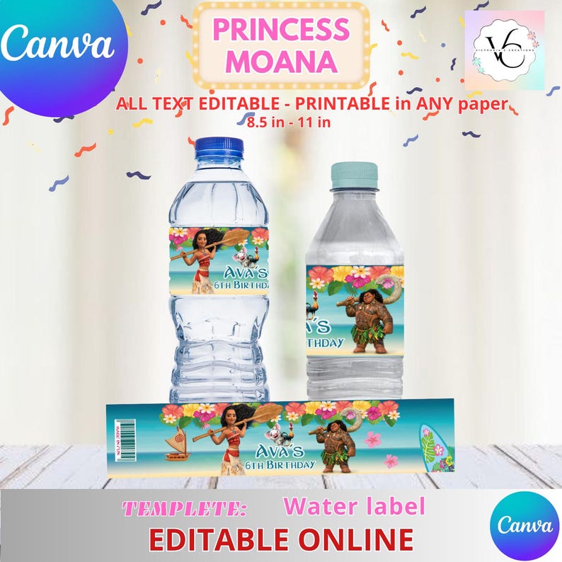 Puede incluir: Etiquetas imprimibles para botellas de agua con los personajes de Moana y Maui de la pel&iacute;cula de Disney Moana. Las etiquetas est&aacute;n dise&ntilde;adas para papel de 8,5 pulgadas por 11 pulgadas y son editables. Las etiquetas presentan un tema tropical con flores, palmeras y un fondo de oc&eacute;ano azul. El texto en las etiquetas dice "AVA'S 6TH BIRTHDAY".