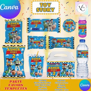 Può includere: Modelli di bomboniere per feste di Toy Story 2 con un design blu e bianco con personaggi del film. I modelli includono etichette per sacchetti di patatine fritte, Rice Krispies, bottiglie d'acqua, Capri Suns, snack di frutta, scatole gable, adesivi, lecca-lecca, chewing gum e barrette di cioccolato. Il testo "Asher Story 2" è presente su ogni modello.
