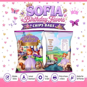 May include: Two custom chip bags featuring Sofia the First, a castle, and forest animals. The front displays the name Kaliya and First Birthday. The back includes a nutrition facts label with text reading Thank you for coming to my party.