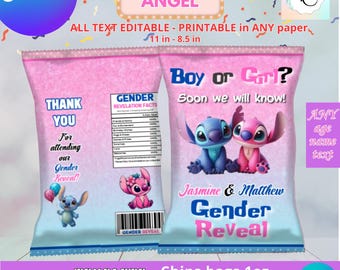 Gender Reveal Stitch and Angel - chips bag Template, EDIT Yourself in CANVA.