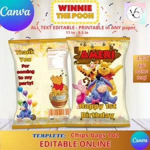 Etykiety imprezowe - Kubuś Puchatek - szablon torebki na chipsy, EDYTUJ samodzielnie w serwisie CANVA. Zestaw imprezowy online
