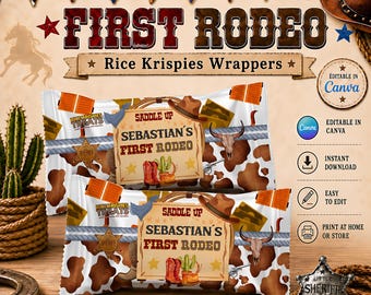 May include: Two rectangular Rice Krispies Treats wrappers featuring a brown and white cow print pattern, a central beige label with the text "Saddle Up Sebastian's First Rodeo," and illustrations of a cowboy hat, boots, cactus, and a bull skull.