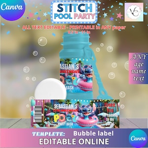 Stitch Pool Party - Bubble 4oz Template, EDIT Yourself in CANVA