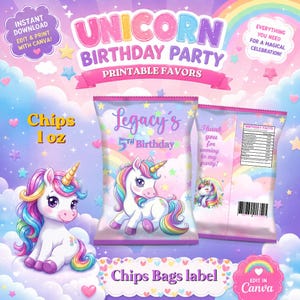 Op de afbeelding: Een kleurrijk ontwerp voor een eenhoorn verjaardagsfeestje met chipszakken, labels en de tekst "Unicorn Birthday Party Printable Favors". Het ontwerp bevat een eenhoorn illustratie, regenbogen en sterren. De chipszakken zijn gelabeld "Chips 28g".
