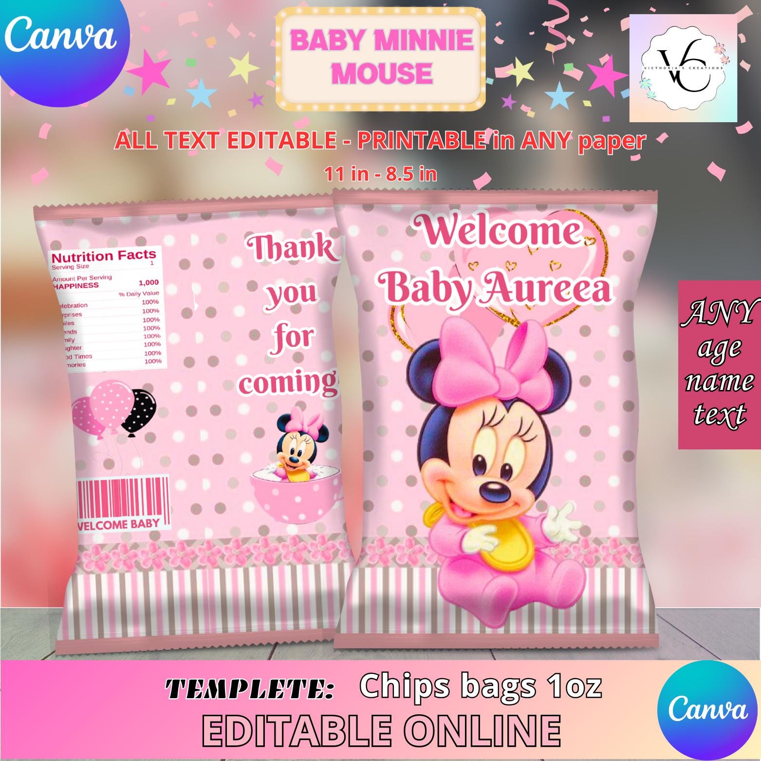 Baby Minnie Mouse Chips Bag Template, EDIT Yourself in CANVA. Party Kit.  Online Template - Etsy, image size:1563x1563