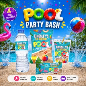 Puede incluir: Un conjunto de suministros digitales para fiestas que incluye etiqueta de botella de agua, bolsa de patatas, bolsa de zumo y envoltorio de barrita. Cada artículo muestra el texto Kingsley's 5th Birthday Pool Party Bash con gráficos.