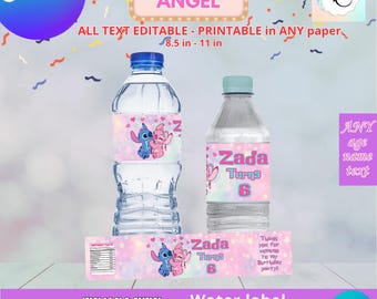 Stitch and Angel Water Bottle Labels Template, EDIT Yourself in CANVA. Party Kit. Online template.