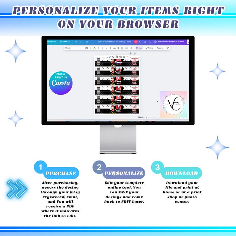 Puede incluir: Una pantalla de ordenador que muestra una plantilla de dise&ntilde;o digital para una fiesta con tem&aacute;tica de Minnie Mouse. La plantilla es para etiquetas de botellas de agua y presenta un patr&oacute;n de lunares rojos y negros con la cabeza de Minnie Mouse y el texto "Feliz cumplea&ntilde;os". La pantalla est&aacute; abierta en Canva, una plataforma de dise&ntilde;o gr&aacute;fico. La imagen tambi&eacute;n incluye texto que describe los pasos para comprar, personalizar y descargar la plantilla.