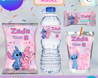 Stitch and Angel bundle 4 favors: Chips, water, juice and rice. Editable in CANVA.
