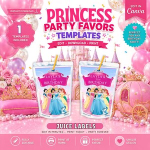 Pode incluir: Modelo de lembrancinhas de festa de princesa rosa com texto "Princess Party Favors Templates". Inclui rótulos de suco com ilustrações de princesas e o texto "Layla's 5th Birthday". Apresenta balões rosa, uma carruagem e uma coroa.