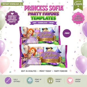 May include: Princess Sofia themed rice krispies wrapper templates featuring a purple and gold banner with the name Kaliya and the text First Birthday. The design includes a cartoon princess character, a castle background, and .78oz label.