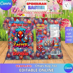 以下が含まれることがあります： スパイダーマンをテーマにした、カラフルなイースターチップバッグのデザイン。バッグにはスパイダーマン、イースターエッグ、そして「ハッピーイースター」と「イースターのお菓子はとても美味しい！」というテキストが描かれています。デザインは編集可能で、27.94 cm x 21.59 cmの紙に印刷できます。