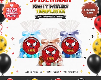 May include: Three clear plastic party favor bags filled with colorful candies, each featuring a circular sticker with a red spiderweb pattern, Spiderman graphic, and the text Happy 3rd Birthday Kamal. The bags are tied with blue, peach, and purple ribbons.