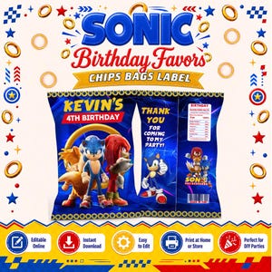 Pode incluir: Um modelo digital para etiquetas de sacos de batatas fritas de aniversário do Sonic com Sonic, Tails e Knuckles. O design inclui o texto Kevin's 4th Birthday, Thank You For Coming To My Party e um rótulo nutricional com código de barras.