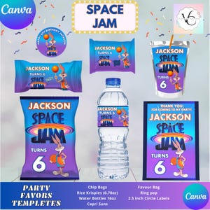 May include: Space Jam themed party favor templates featuring a purple and blue design with a cartoon basketball player rabbit. The templates include a chip bag, water bottle label, juice box, favor bag, and a 2.5 inch circle label. The text on the templates reads "Jackson Turns 6 Space Jam".