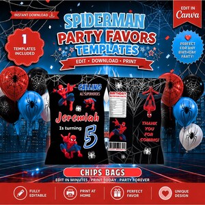 May include: Spiderman party favor templates with editable text. The design includes Spiderman graphics, balloons, and the text "Chips Bags". The design is perfect for a birthday party.