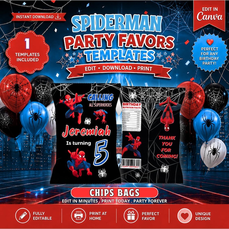 May include: Spiderman party favor templates with editable text. The design includes Spiderman graphics, balloons, and the text "Chips Bags". The design is perfect for a birthday party.