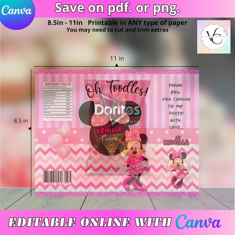 K&ouml;nnte beinhalten: Druckbarer Party-Geschenkbeutel mit einem pinkfarbenen und wei&szlig;en Chevron-Muster und einem transparenten Fenster. Der Beutel hat einen pinkfarbenen und wei&szlig;en Polka-Dot-Rand und zeigt einen Minnie-Maus-Charakter mit dem Text "Oh Toodles!" und "Kenilla Turns 2".