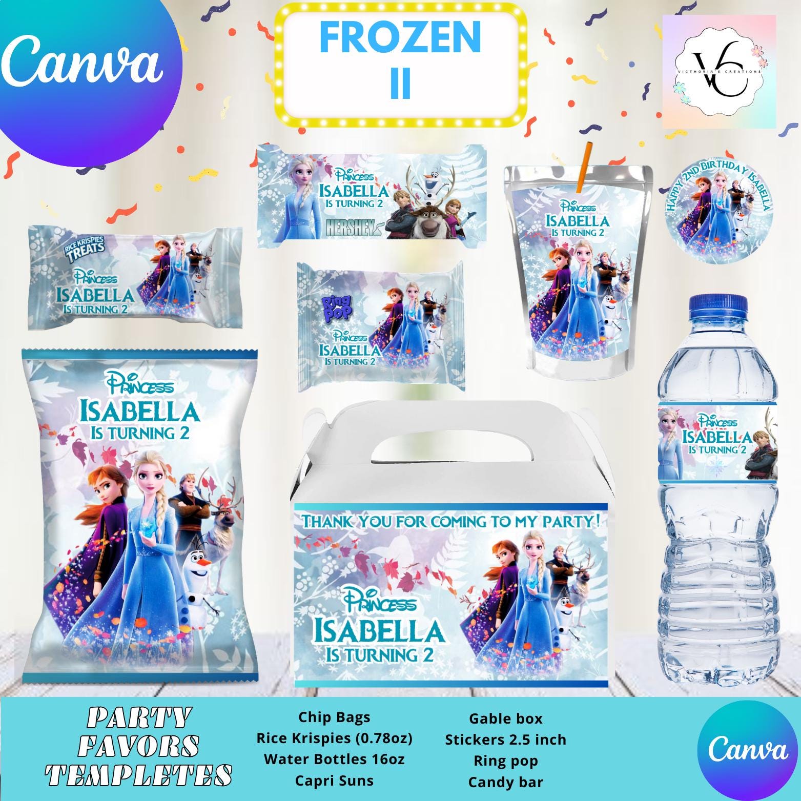 Frozen bundle 8 favors: Chips, water, juice and more. Editable in CANVA.